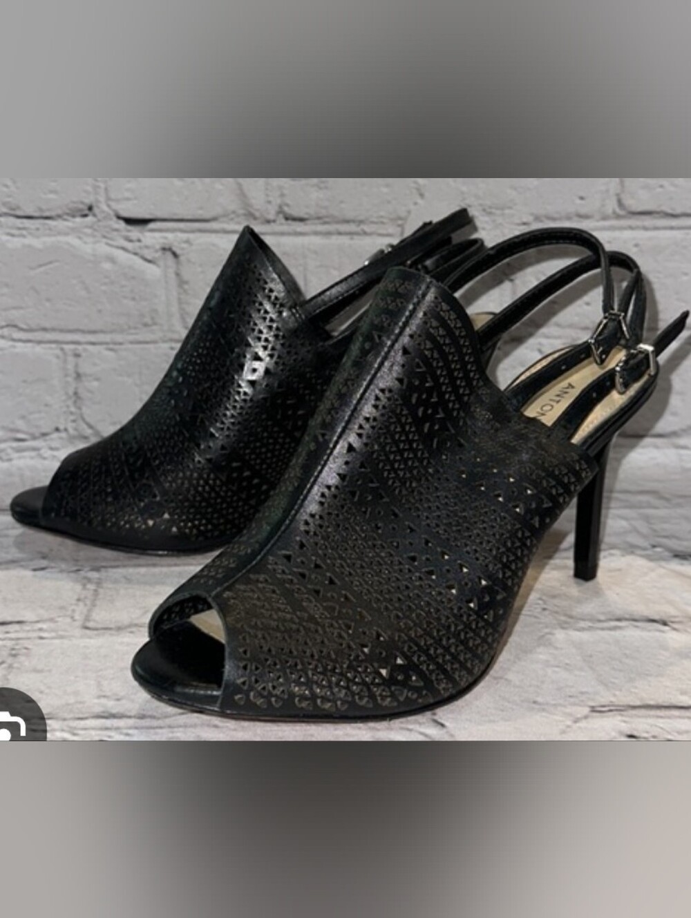 ANTONIO MELANI Black Laser-Cut Peep-Toe Slingback Heels